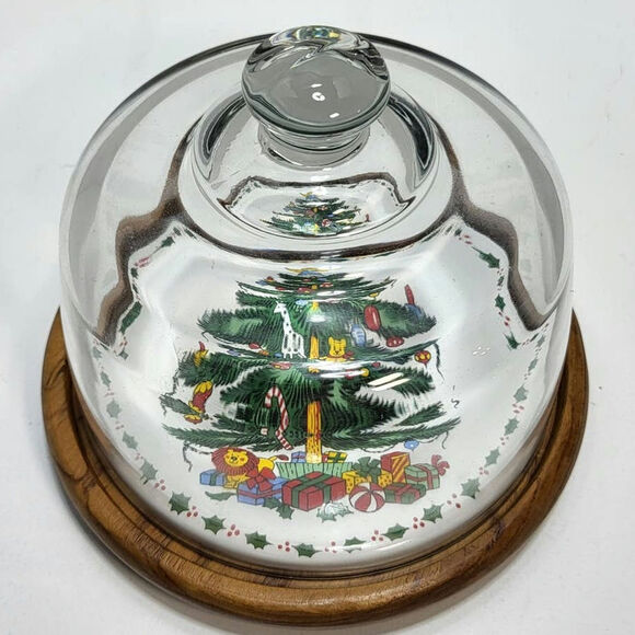 Towle Christmas Tree Holiday Cheese Board Server Teakwood Plate w/Glass Dome VTG - Picture 5 of 10